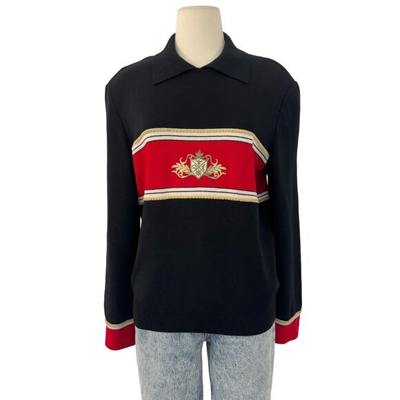 St. John Sweaters - St. John Collection Collared Crest Pullover Sweater Black/Red Santana Knit M
